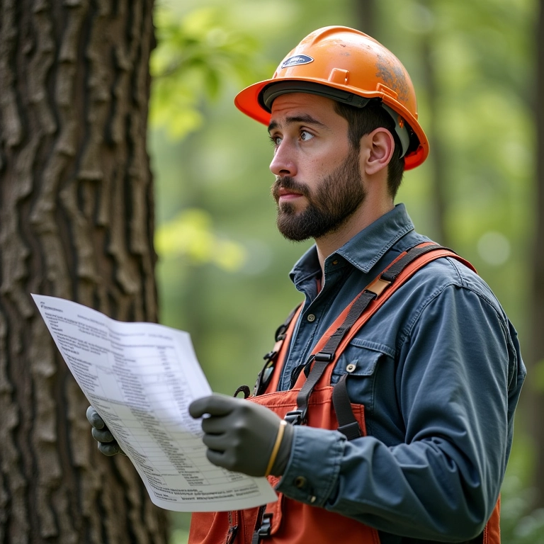 Podador de árvores com expressão confusa olhando para um formulário de imposto complexo.