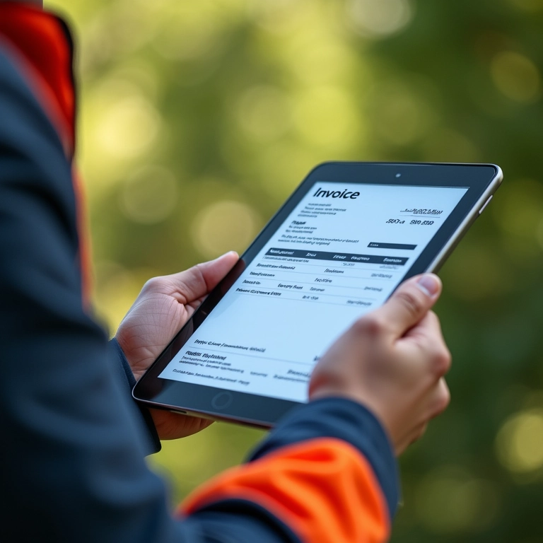 Podador de árvores emitindo nota fiscal em um tablet.