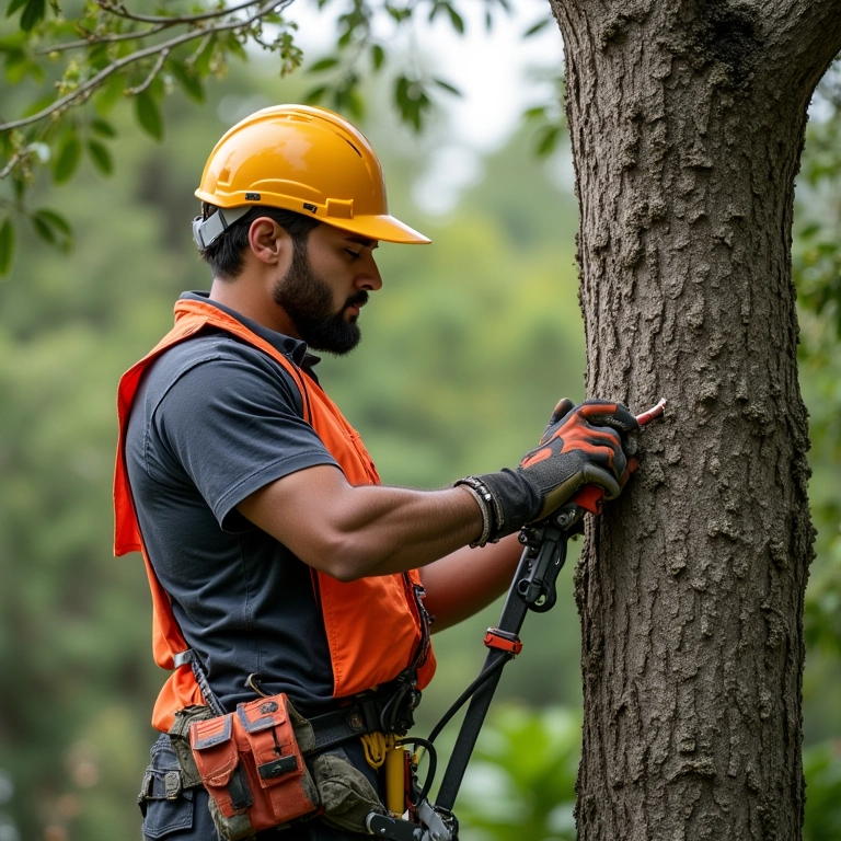 Podador de árvores gerenciando dois funcionários em uma pequena empresa de jardinagem.