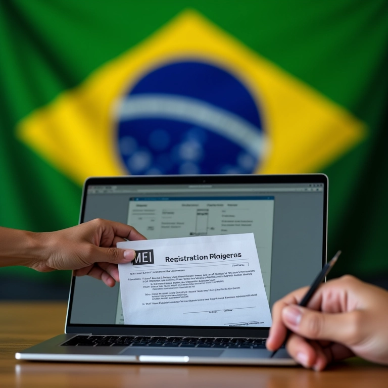 Podador de árvores preenchendo formulário MEI no laptop com bandeira brasileira ao fundo.