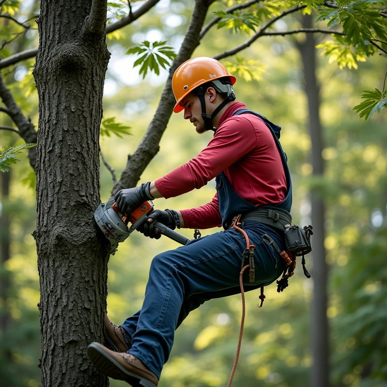 Podador de árvores prestando serviços para uma empresa.
