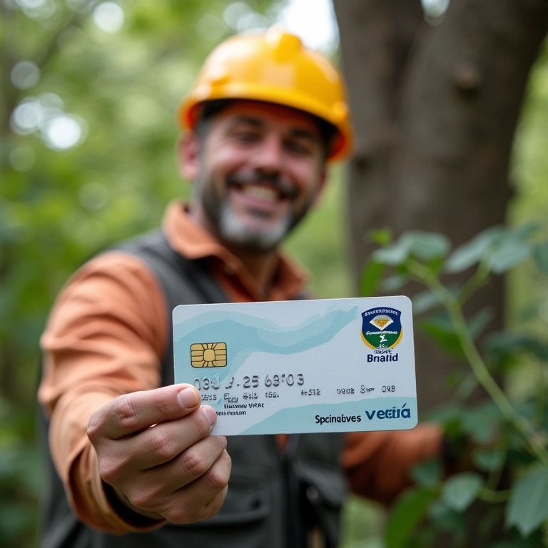 Podador de árvores recebendo cartão de benefícios previdenciários.