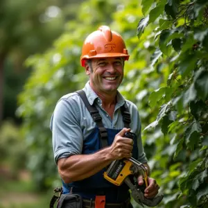 Podador de árvores sorrindo em um jardim ensolarado no Brasil.