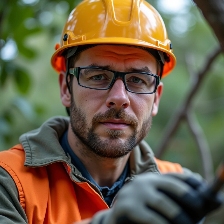 Podador de árvores usando óculos de proteção, luvas e capacete.