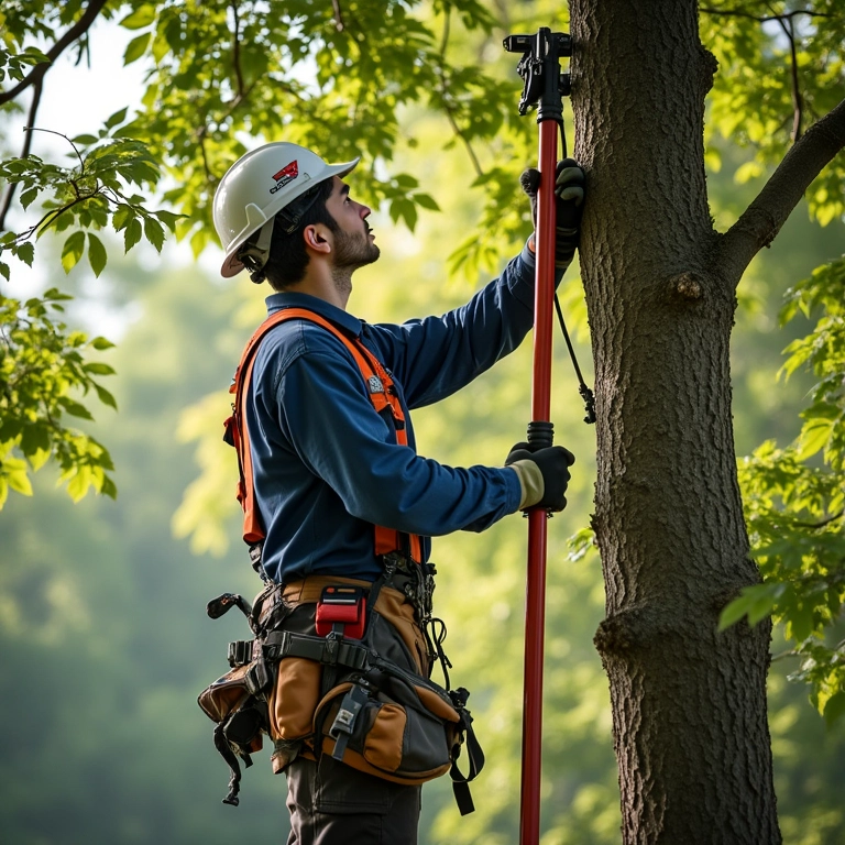 Podador de árvores usando podador de altura para alcançar galhos altos.