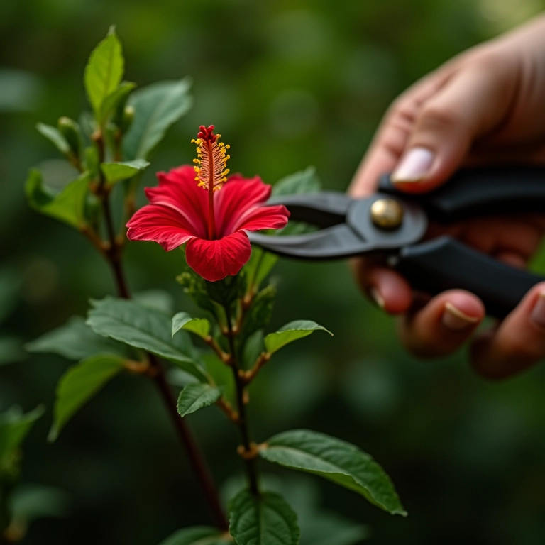 Podando a planta de hibisco para estimular a floração.