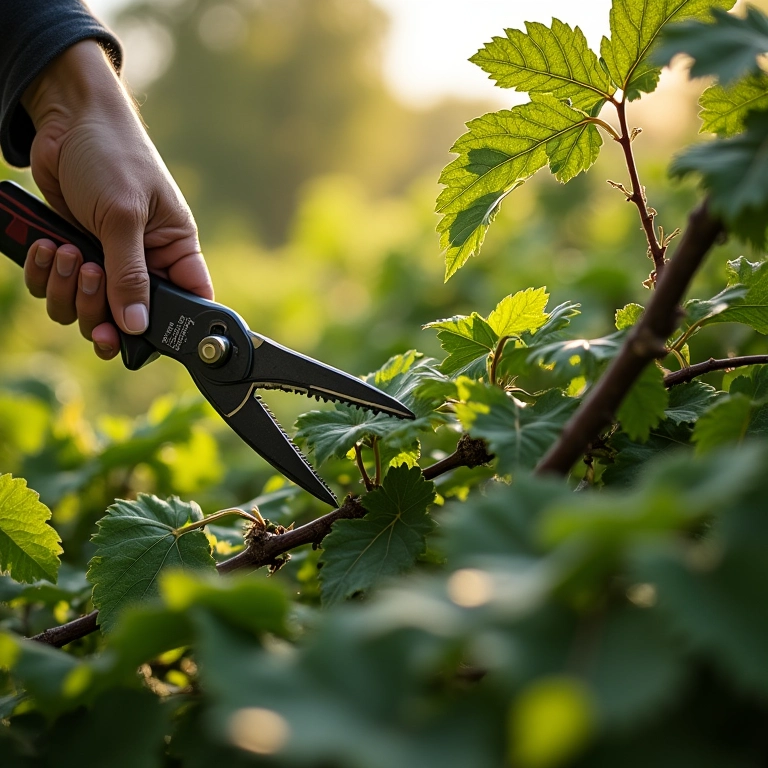 Podando a trepadeira sete léguas com tesoura de poda, dando forma à planta.