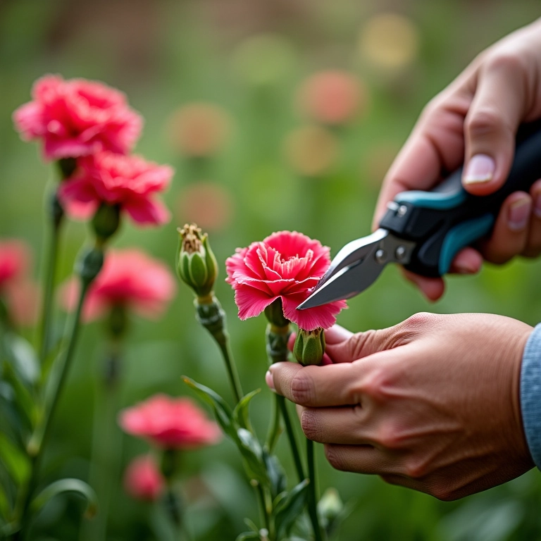 Podando cravos para estimular a floração contínua.