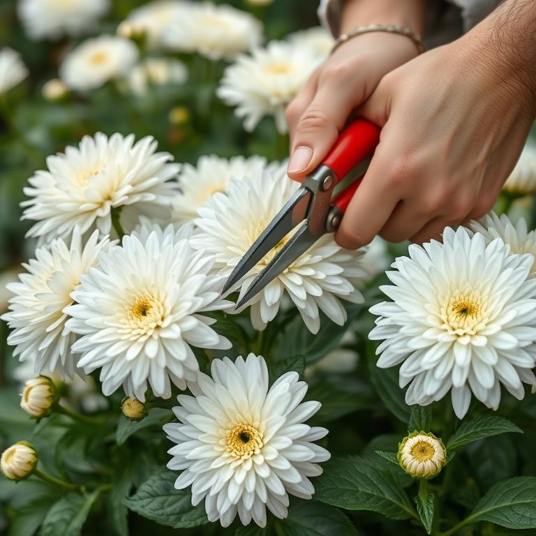 Podando crisântemos brancos.