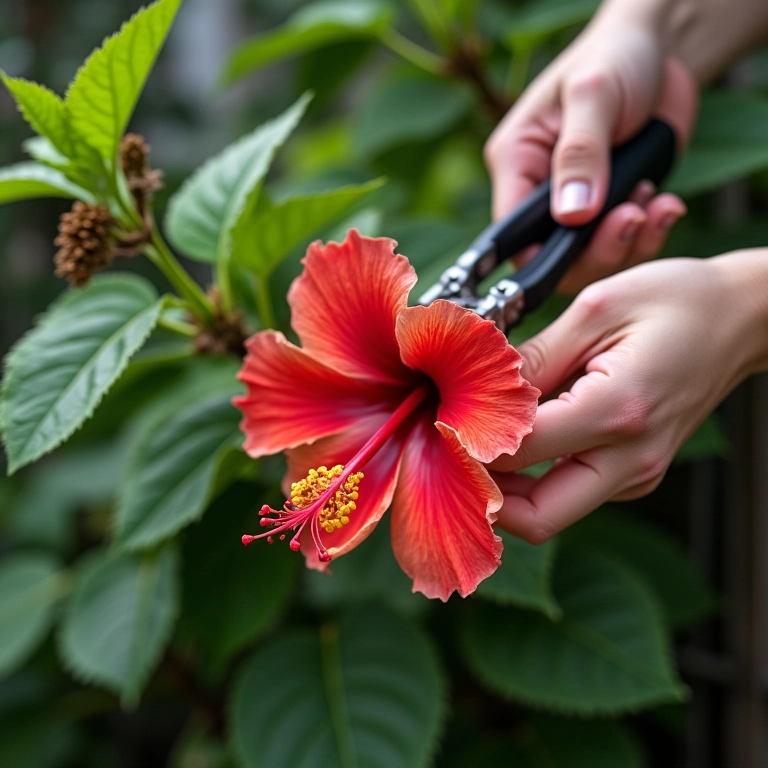 Podando hibisco com tesoura de poda.