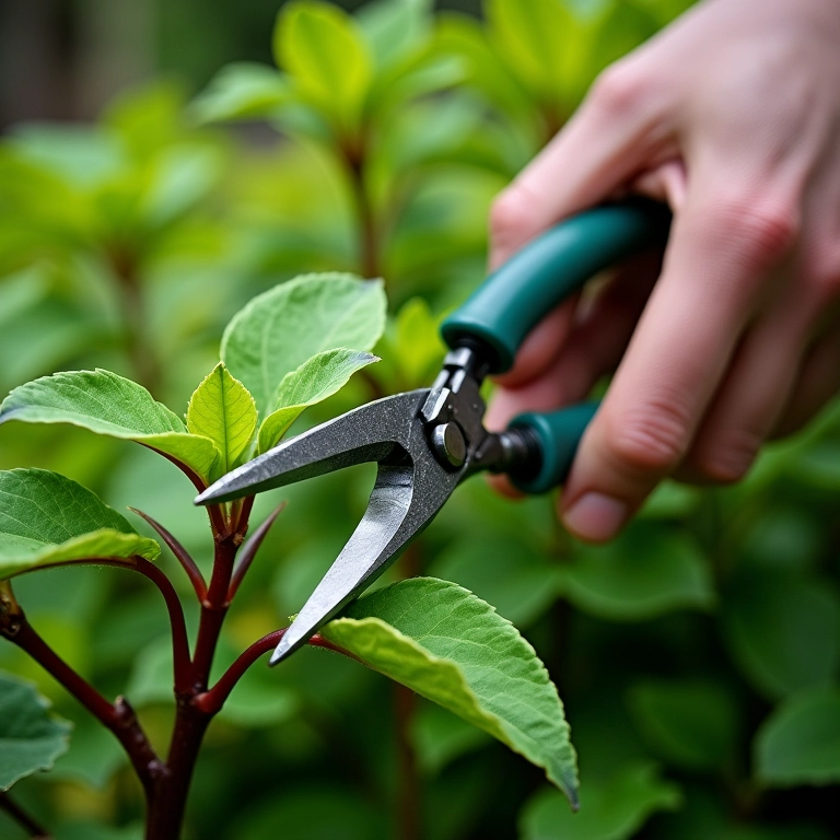 Podando impatiens com tesoura de poda.