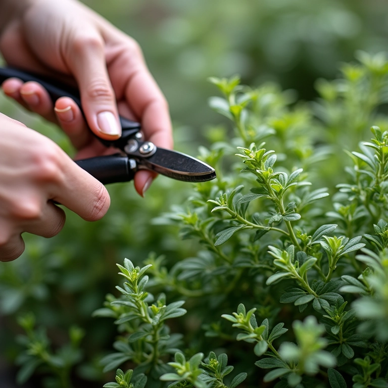 Podando o tomilho para estimular o crescimento.