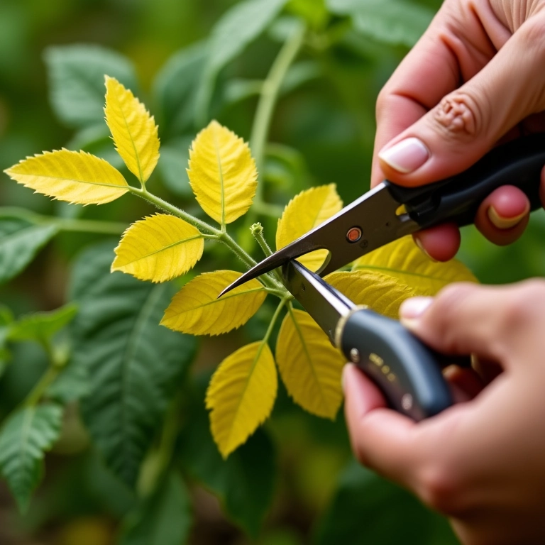 Podando tomate italiano em vaso.