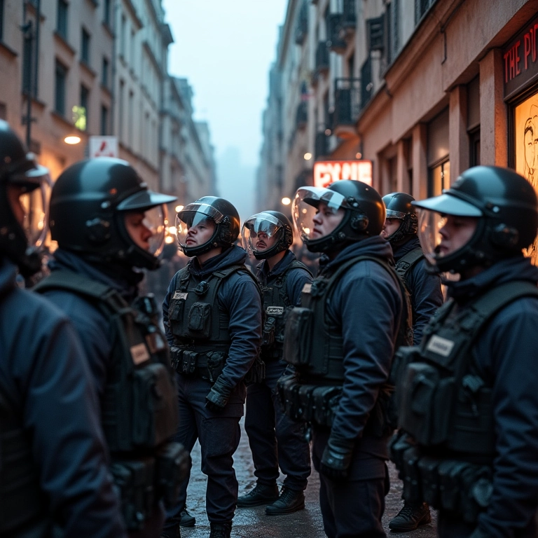 Policiais prendendo manifestantes em um cenário de violência e repressão política.