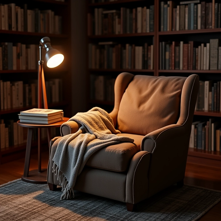 Poltrona aconchegante em uma biblioteca particular.