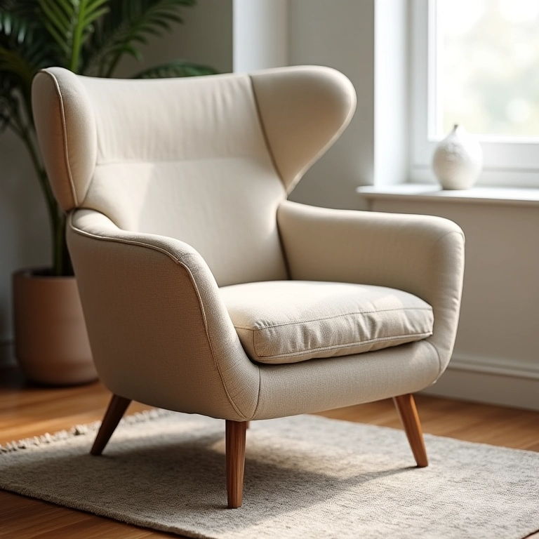 Poltrona confortável com tecido de linho e couro desgastado.