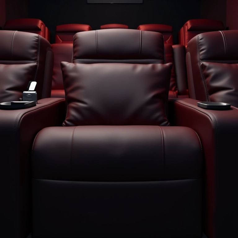 Poltronas reclináveis com tecnologia de massagem em sala de cinema.