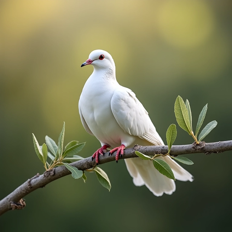 Pomba branca com ramo de oliveira e Bíblia ao fundo.