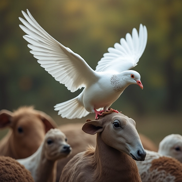 Pomba branca sobre outros animais, simbolizando a paz.