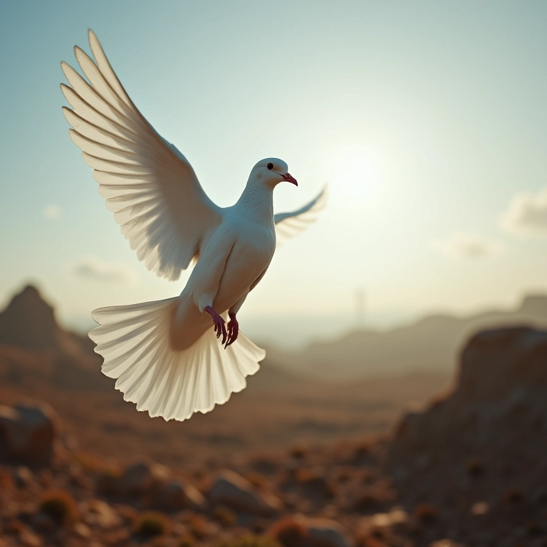 Pomba branca voando sobre paisagem devastada.