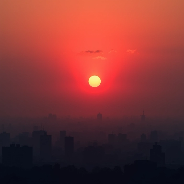 Pôr do sol avermelhado em uma cidade poluída, mostrando os efeitos da poluição na cor do sol.