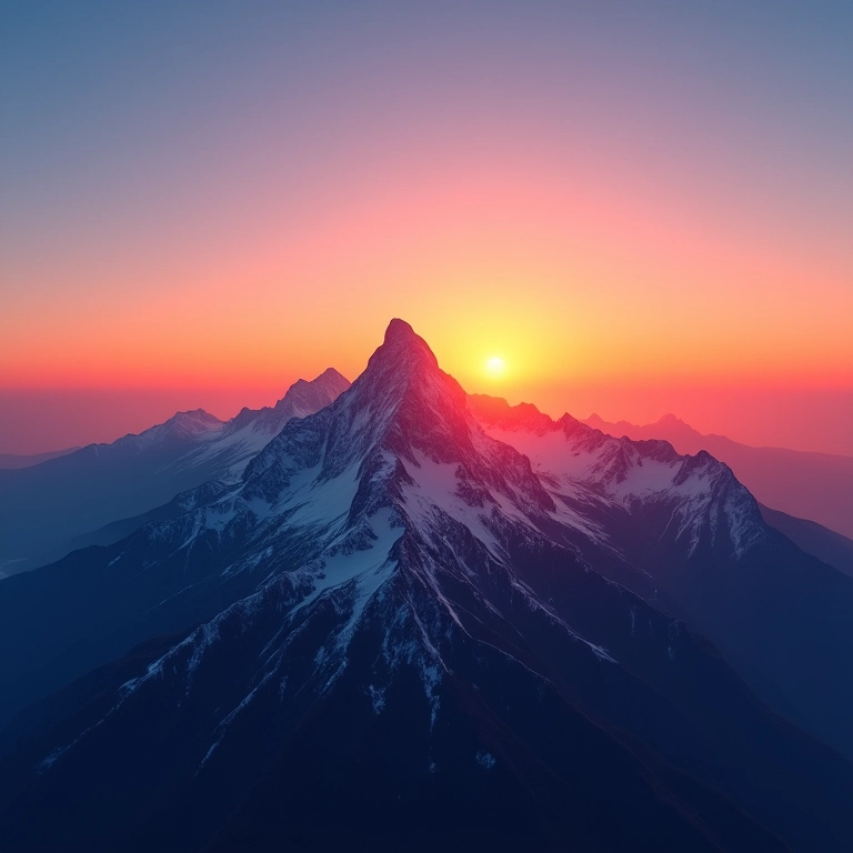 Pôr do sol visto do pico de uma montanha, com ar claro e cores vibrantes.