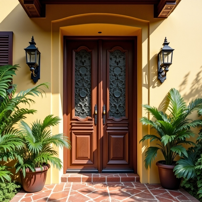 Porta de entrada de casa geminada com detalhes decorativos e plantas, transmitindo um ar acolhedor.