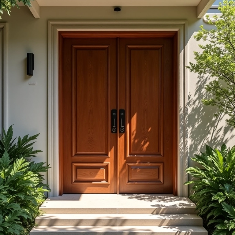 Porta de madeira clássica em entrada de casa brasileira elegante.