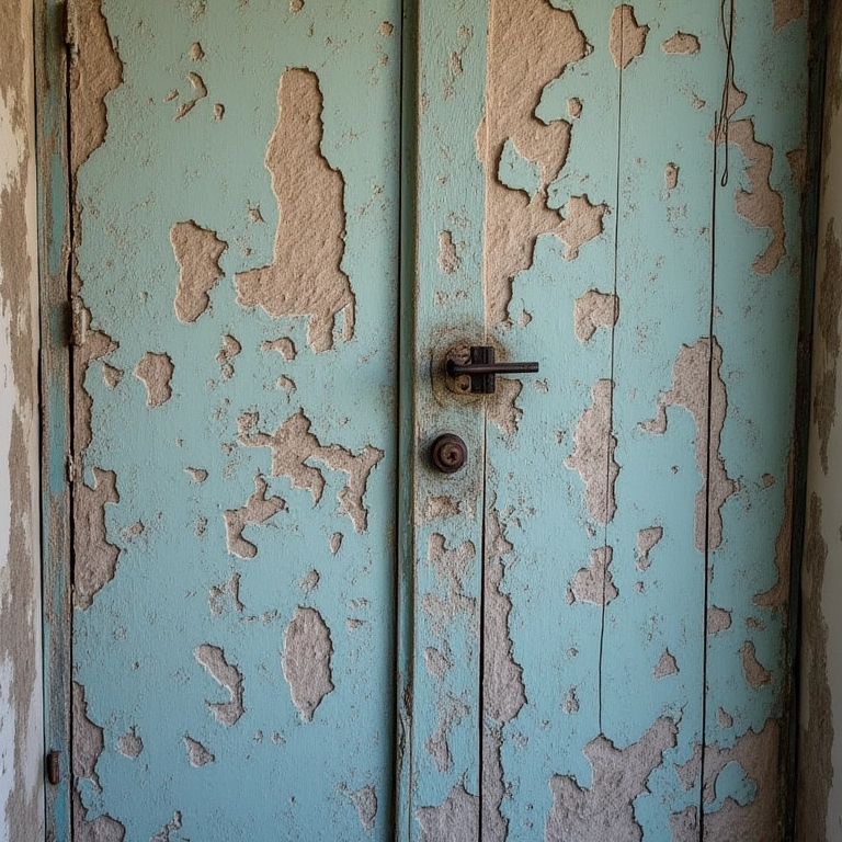 Porta de madeira envelhecida com tinta descascada e iluminação natural.