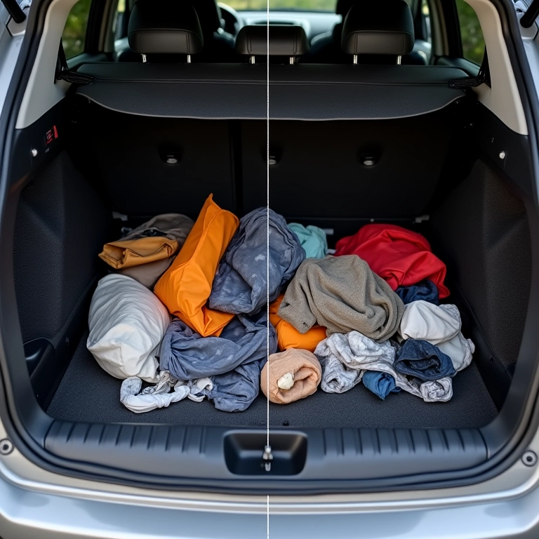 Porta-malas de carro sendo esvaziado, mostrando a diferença antes e depois da remoção de objetos desnecessários.