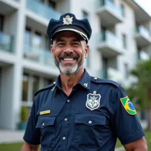Porteiro/Vigia sorrindo em frente a prédio residencial.