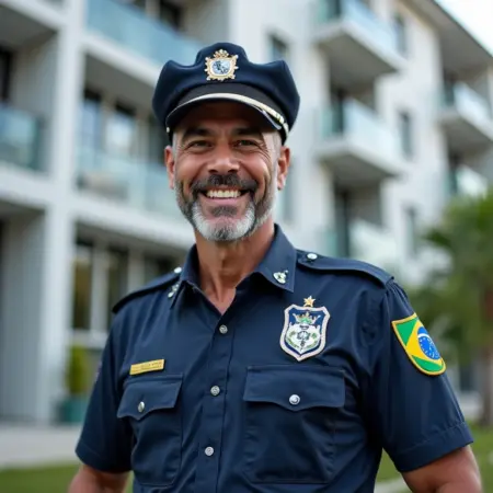 Porteiro/Vigia sorrindo em frente a prédio residencial.