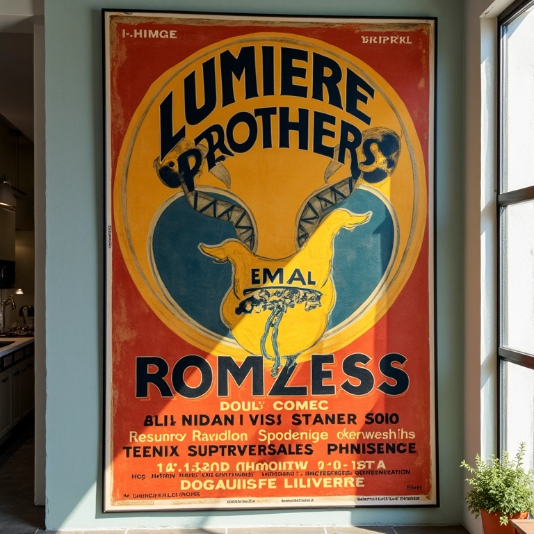 Pôster antigo de cinema anunciando filmes dos Irmãos Lumière.