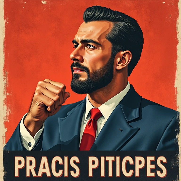 Pôster de propaganda da era fascista com imagem de um homem forte e texto apelativo.