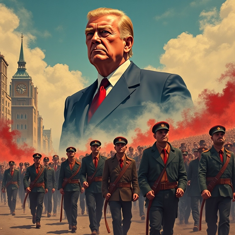 Pôster de propaganda fascista ilustrando um líder autoritário dominando uma cidade e cidadãos marchando.