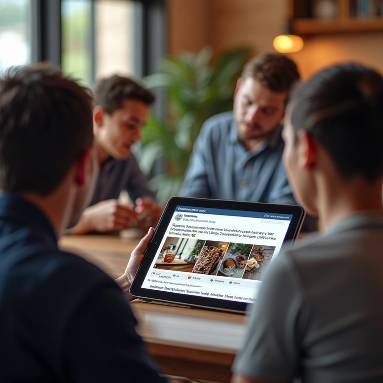 Posts de mídia social promovendo uma franquia em um tablet, com clientes interagindo.