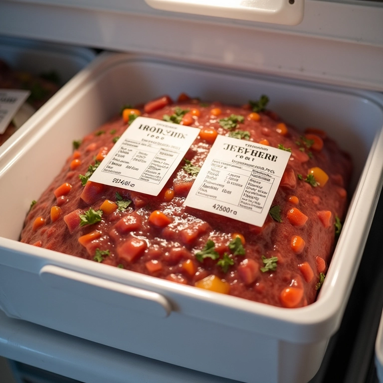 Pote com caldo de carne congelado no freezer.