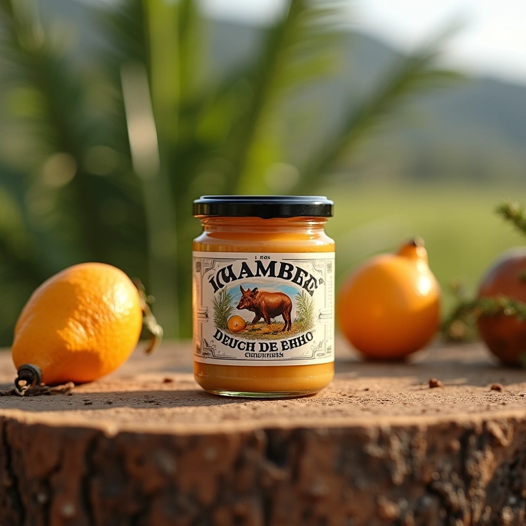 Pote de doce de leite Itambé com rótulo vintage em ambiente rural.