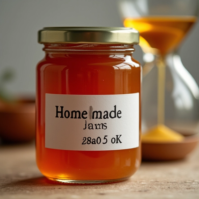 Pote de geleia caseira com etiqueta de validade, com ampulheta ao fundo.