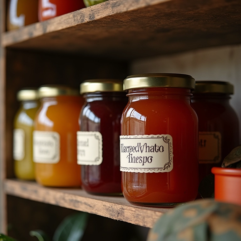 Potes de geleia caseira, etiquetados e selados, armazenados em prateleira de despensa.