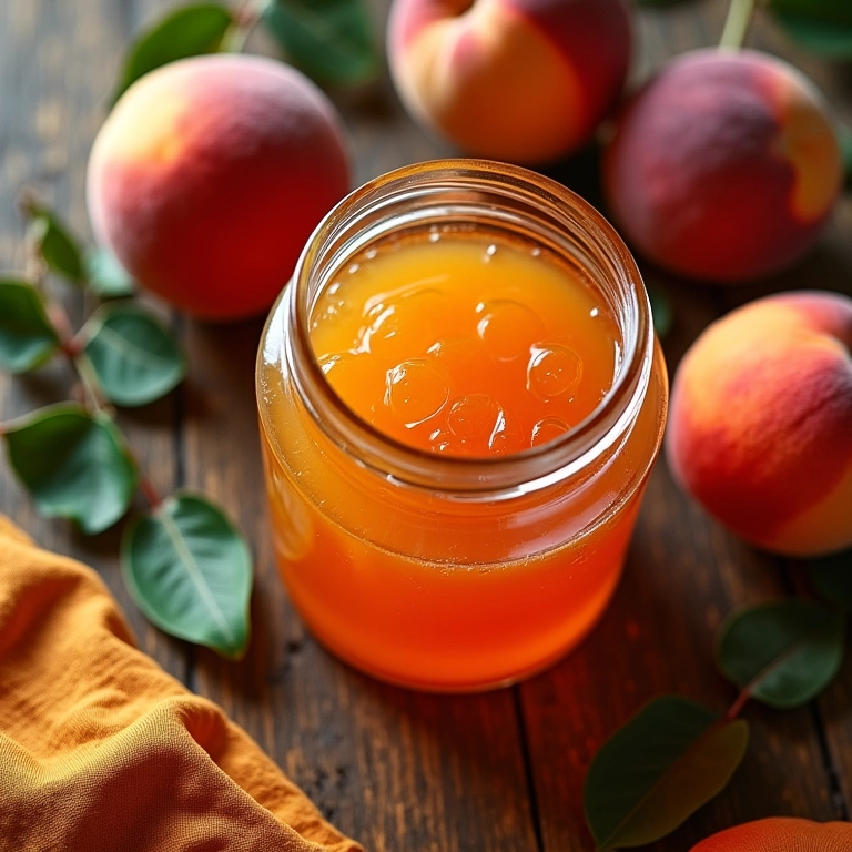 Geleias de Pêssego Caseiras Doces e Aromáticas Potes de geleia de pêssego caseira em mesa de madeira rústica com pêssegos frescos.