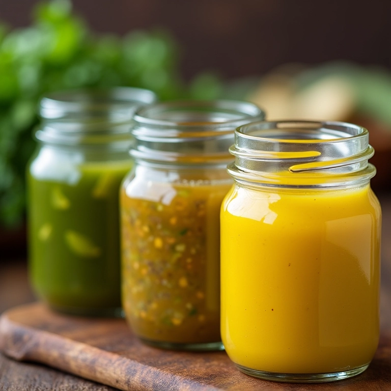 Potes de vidro com molhos caseiros para salada: vinagrete, abacate, mostarda e mel.