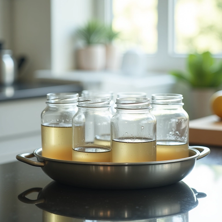 Potes de vidro vazios sendo esterilizados em água fervente.