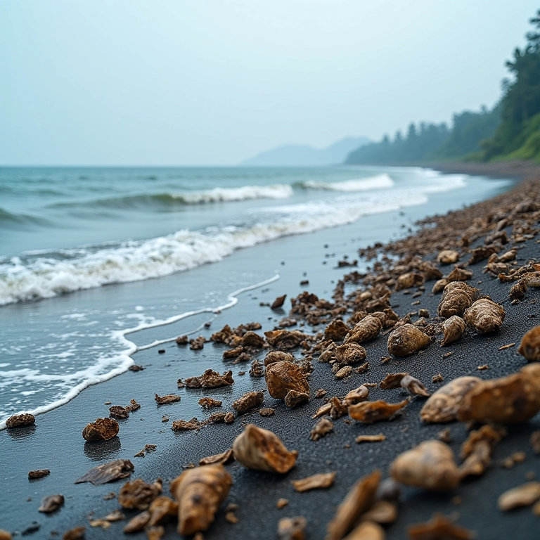 Praia contaminada após um tsunami, com óleo e lixo.
