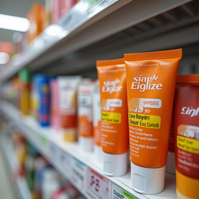 Prateleira de farmácia com diversas opções de protetor solar labial.