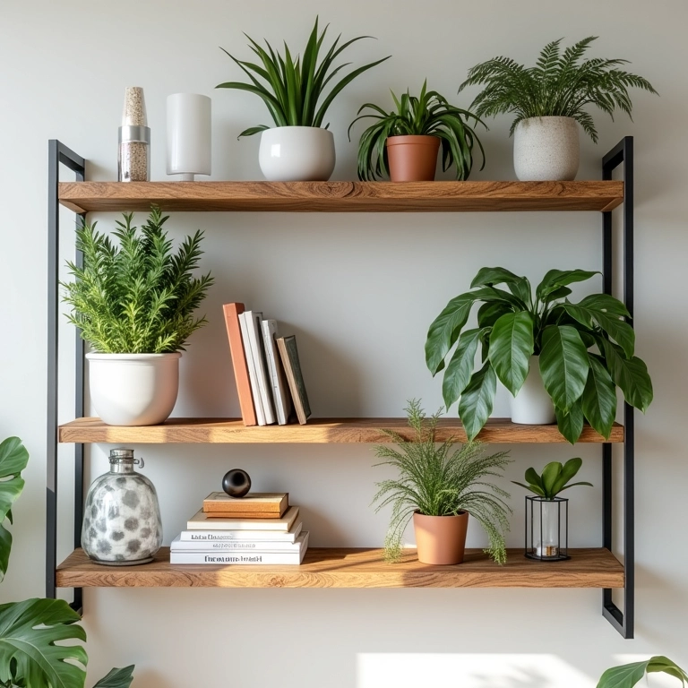 Prateleira versátil de madeira de demolição com plantas, livros e objetos artesanais.