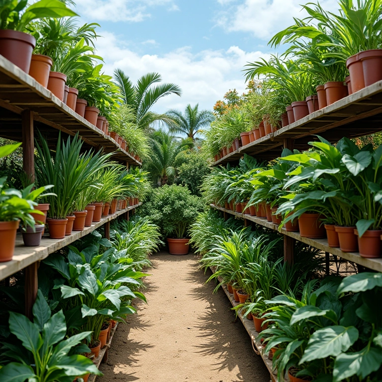 prateleiras cheias de diversas plantas em um viveiro