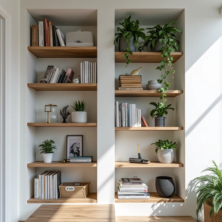 Prateleiras e nichos organizando um studio pequeno.