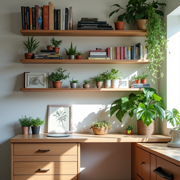 Prateleiras e nichos organizando verticalmente microapartamento.