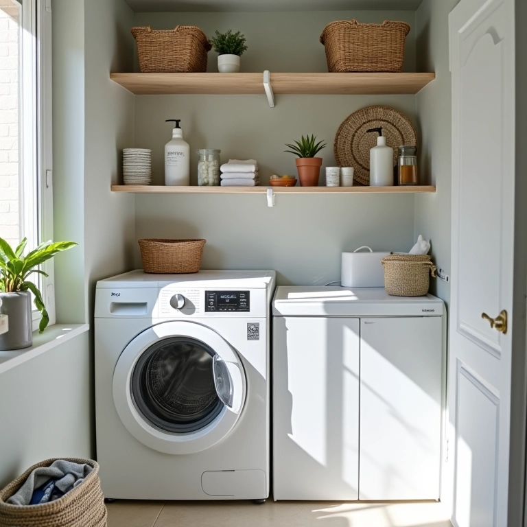 Prateleiras e nichos otimizando o espaço em uma lavanderia pequena.